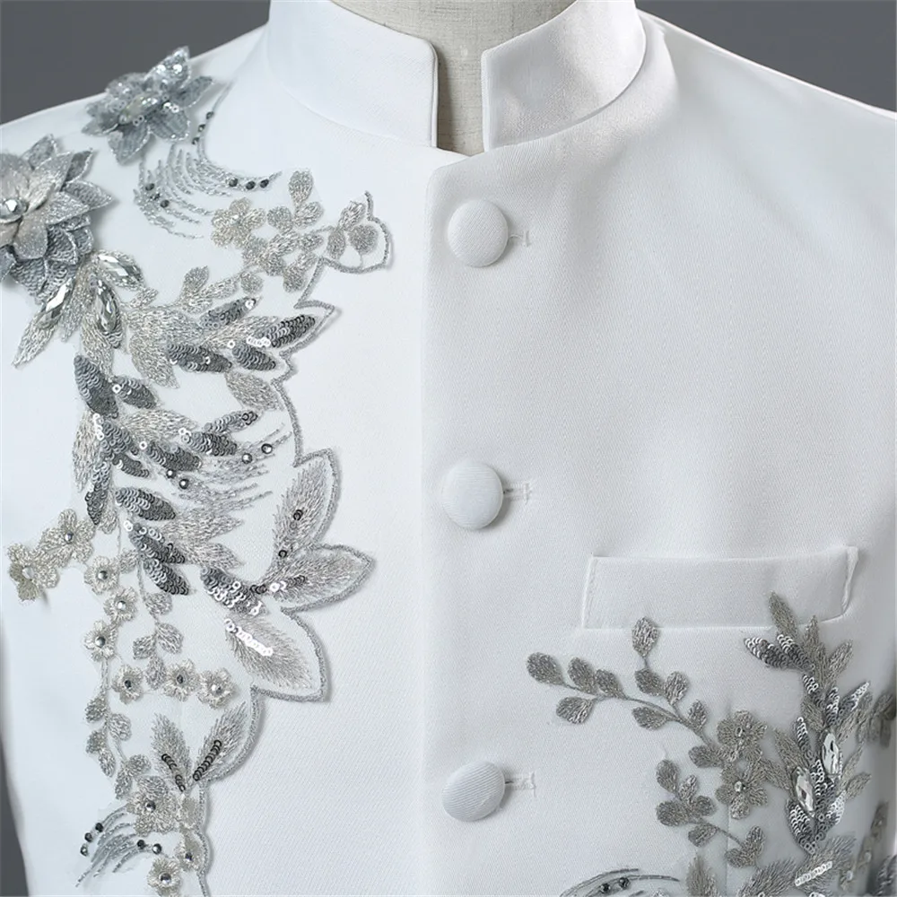 Chinese Tunic Men Mandarin Collar White Black Appliqued Blazer for Wedding Banquet Ceremony