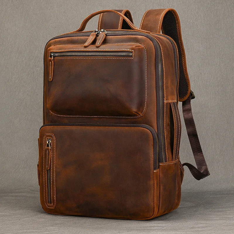 Large Capacity Retro Genuine Mad  Leather Men's Backpack Handbag Travel Bag Double Shoulder Bag Multi-purpose Handbag