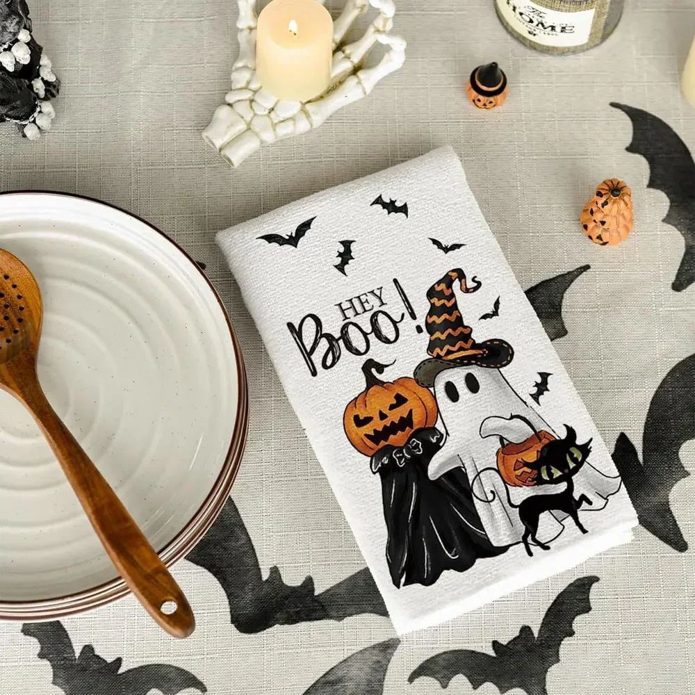 Hey Boo Halloween Festival Ghost Pumpkins Bats Cat Kitchen Dish Seasonal Hand Towel for Party Decoration Supplies Decor Favors