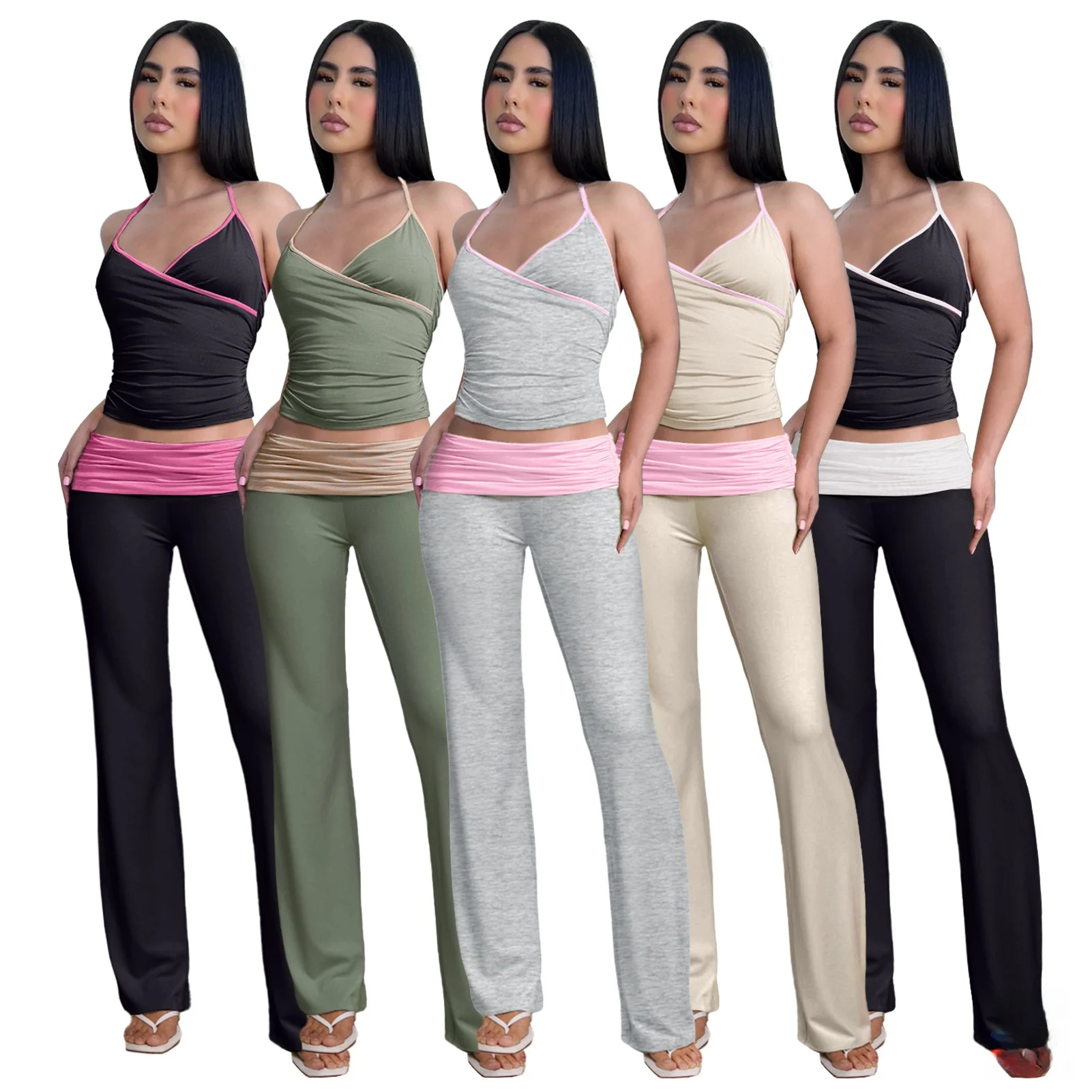 

Low Waist Flared Pants Set Fashionable Strap Fold Design Casual Sportswear Women's Premium Collection Spring 2024 Long Trousers