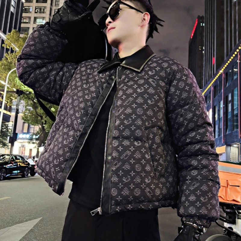 Vintage Jacquard Winter Jacket for Men Thick and Warm PU Lapel Spliced Jackets Casual Social Street Wear Hip Hop Parkas Coat