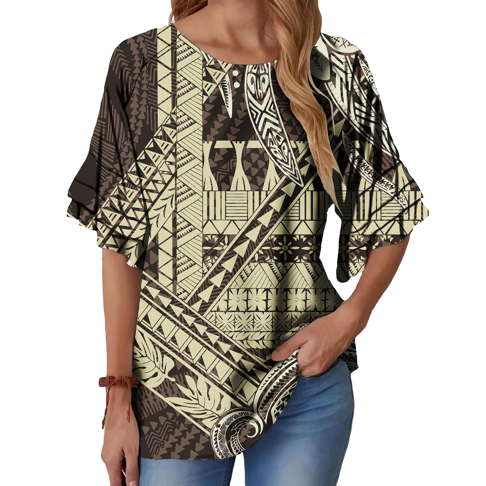 Samoan Fijian Masi Design Women's Plus Size Blouses Summer Ladies Blouses Casual Fashion TattooWomen Tops