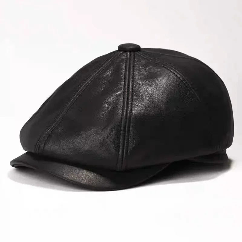 Retro Fashion Real Leather Boina Hat Matte Cowhide Beret Warm Octagonal Cap Winter Cotton Men Padding Hunting