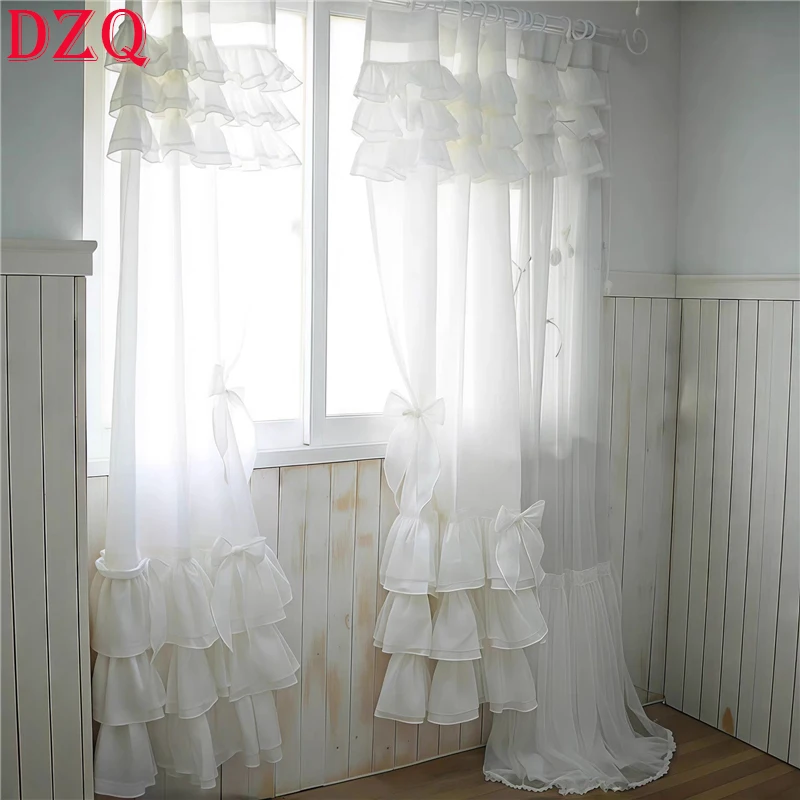 Top Multiple Layers Korean Elegant Bowknot Lace Curtains Living Room Princess White Cotton Lace Curtains for Balcony #A658