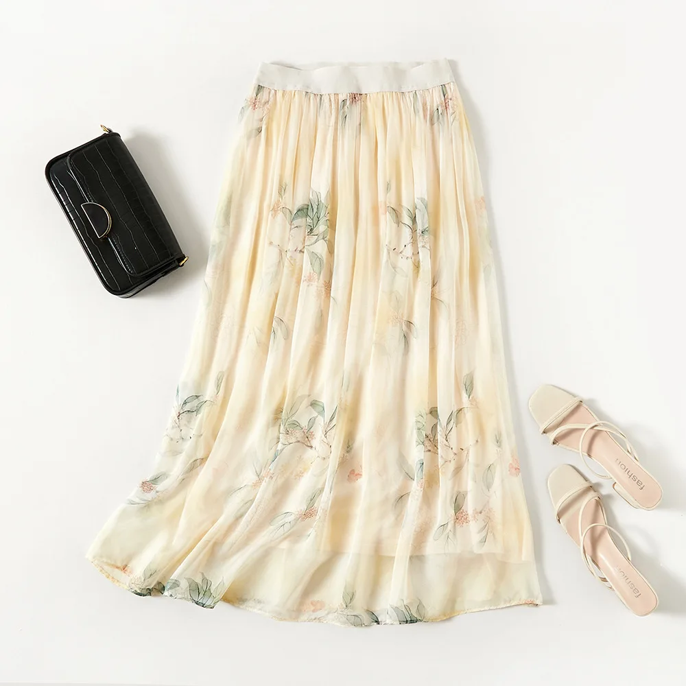 Winsleter, 100%Real Silk Elegant Skirts, Women Elastic Waisted Floral, Vacation Commute A-line Skirt, 2024 Summer Fall B46826QC