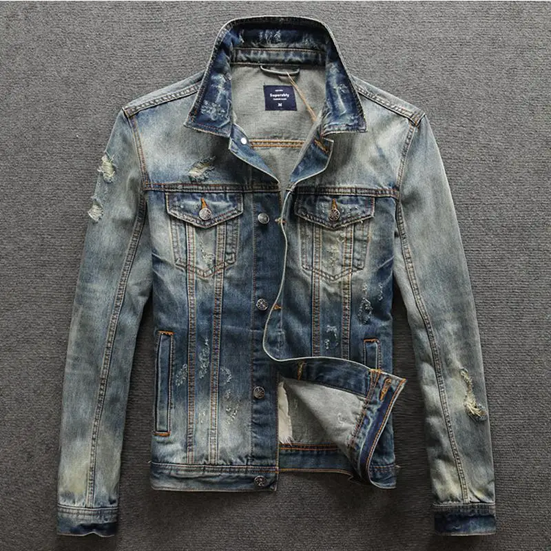 Light Cowboy Coat for Men Casual Slim Ripped Short with Hole Denim Jackets Man Low Price Loose Original of Fabric Aesthetic Y2k