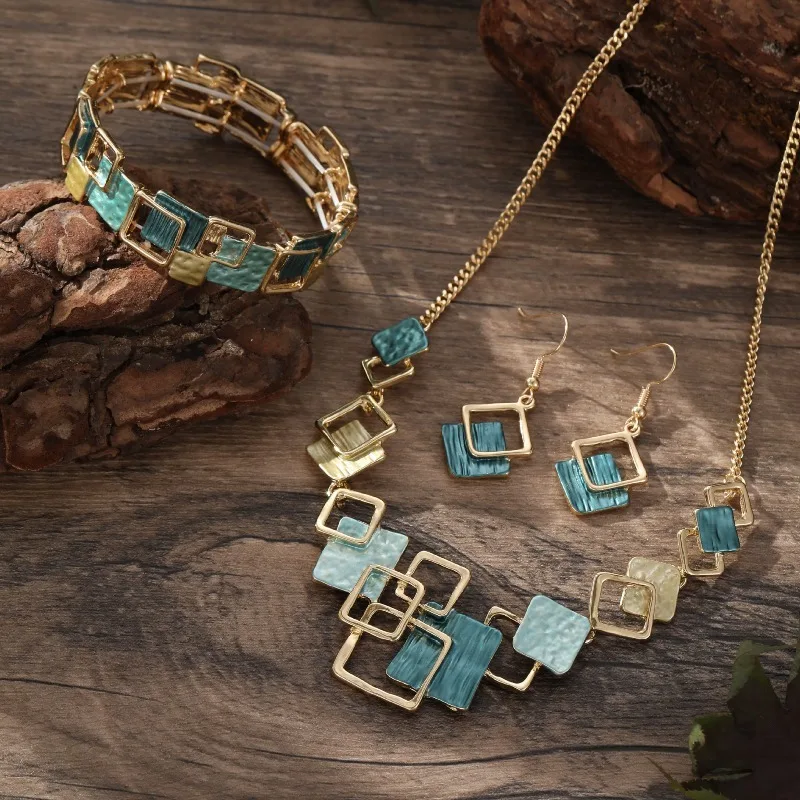 Geometric Enamel Jewelry Set Gold Tone Square Necklace Earrings Bracelet With Gradient Color Enamel Adjustable Jewelry Gift