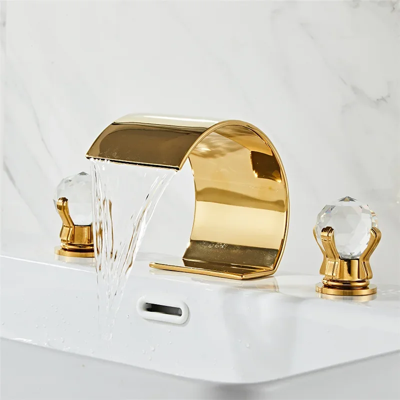  Gold Bathroom Faucet Widespread Sink Tap Brass Faucet Bathroom Sink Faucet 3 Hole Crystal Handle Hot And Cold Water Tap