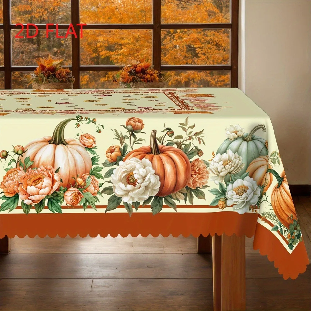 Tablecloth 1 piece 2d flat with white, orange, pumpkin, autumn peony and maple leaf border patternzyc