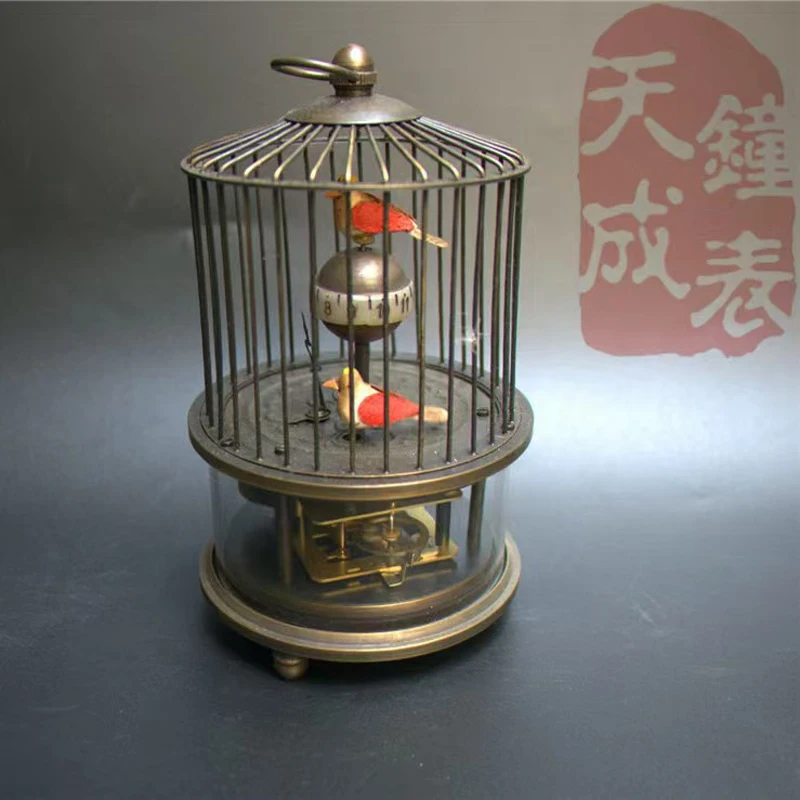 

Elaborate Ancient Chinese copper handmade two birds statue small alarm Mechanical Table Clock