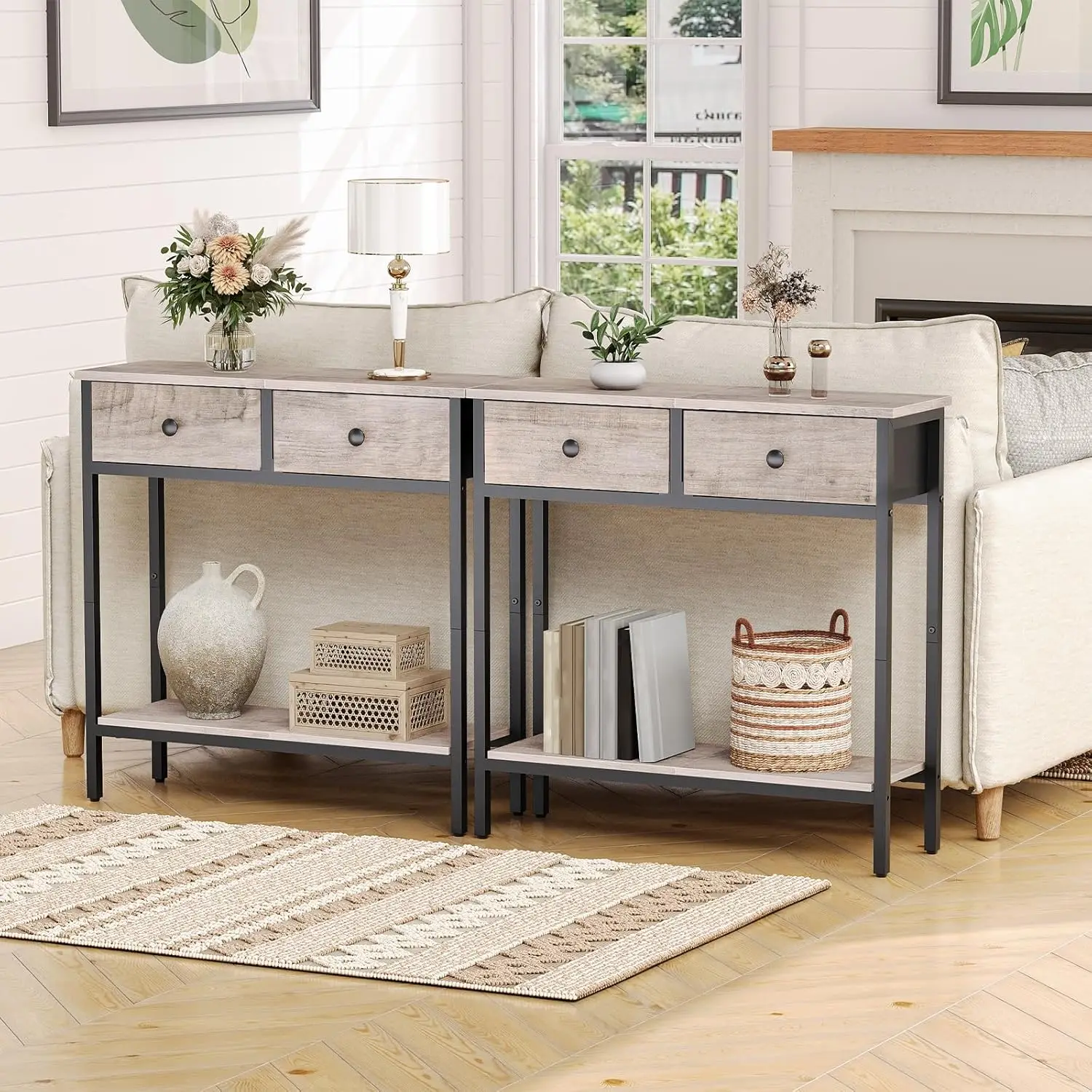 

Umail Furniture29.5" Narrow Console Table with 2 Fabric Drawers, Small Entryway Table with 2-Tier Storage Shelves