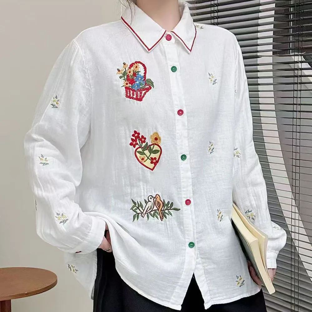 

Vintage Clothing 100% Cotton Yarn Floral Embroidered White Shirts and Blouses for Women Autumn Long Sleeve Tops