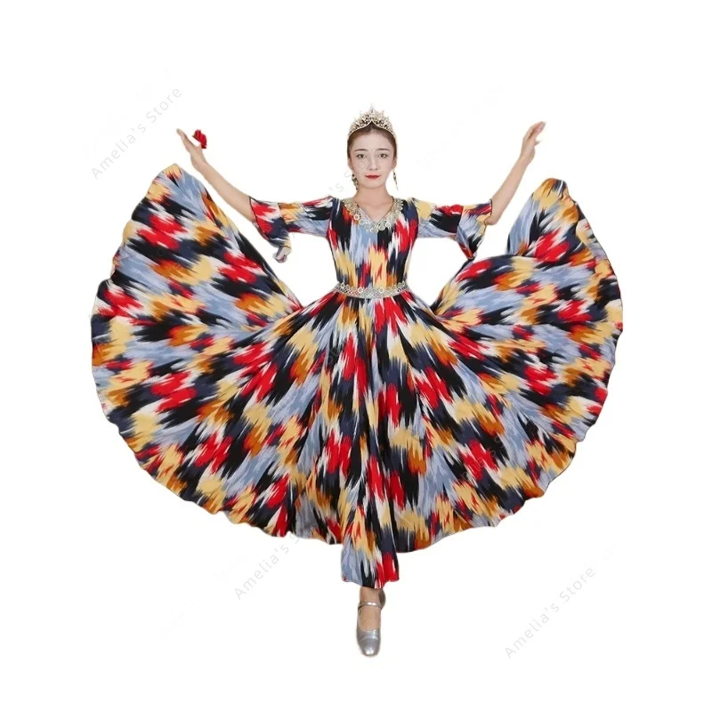 Nuevo vestido de baile chino de Xinjiang para mujer, traje de actuación uigur de manga corta de verano