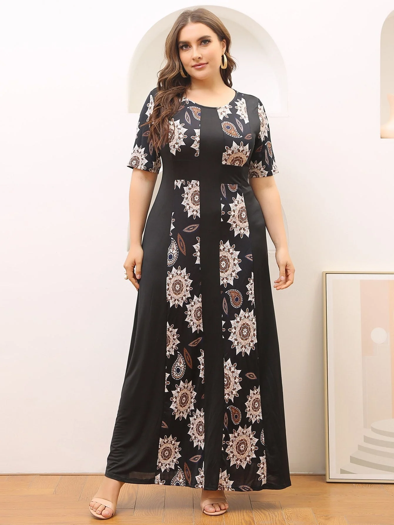 Summer Plus Size Women Dresses Fashion Print A-line Long Dress Casual Short Sleeve Print Temperament Commute Ladies Dress 2023