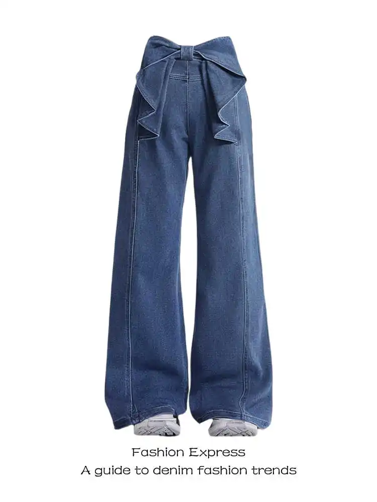 Jean Y2k bleu foncé pour femmes, pantalon en Denim avec nœud, Style japonais Harajuku des années 2000, Baggy, esthétique, Vintage, vêtements poubelles