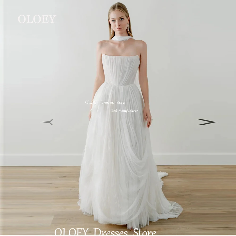 OLOEY Elegant Strapless Silky Organza Wedding Dress With Scarf Photoshoot Sleeveless Bridal Gown Zipper Back Floor Length Custom