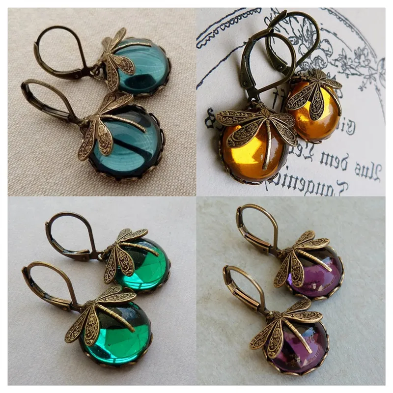

Винтажные металлические серьги в виде стрекозы с голубым лунным камнем, латунный кабошон, винтажные викторианские Подарки для женщин