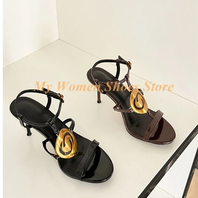 2026 Metal Buckle Decor Sandals Open Toe Thin Heel T Strap Black 2026 Summer Women Dress Shoes Handmade Strappy New Arrivals