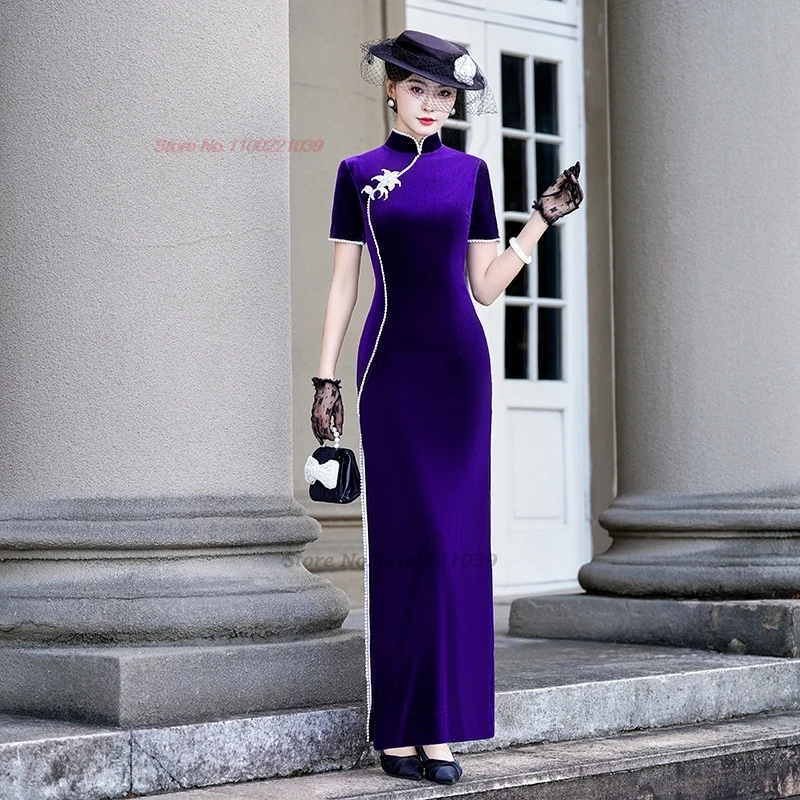 

2025 chinese vintage dress improved cheongsam national flower embroidery velvet qipao evening dress retro banquet party dress