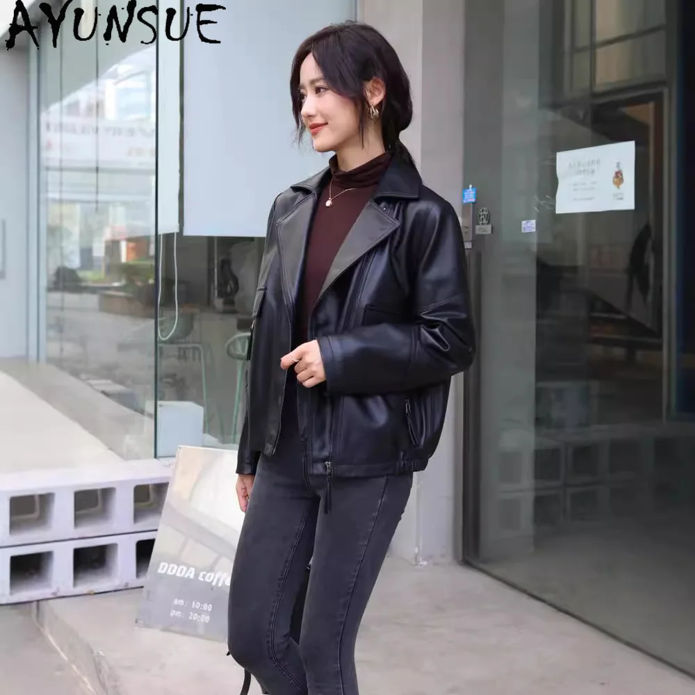 AYUNSUE Schaffell Echt Leder Jacke Frauen 2025, Schwarz Motorrad Mantel Frühling Herbst Kleidung Frauen Lose Fit Jaqueta De Couro