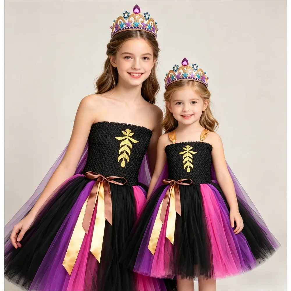 

Girls Snow Queen Anna Tutu Dress with Cloak Crown Kids Princess Costume for Halloween Christmas Party Cosplay Outfit