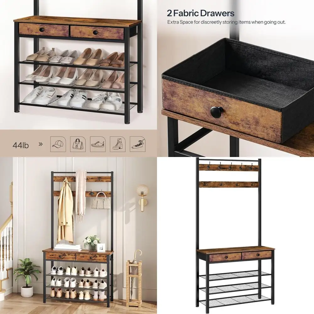 

Hall Tree with Bench, Shoe and Coat Storage, 4-Tier Rack, 9 Hooks, Rustic Brown & Black