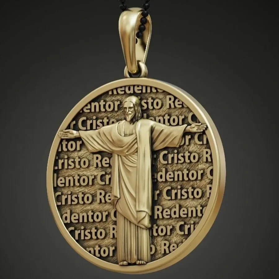 

9g Christ The Redeemer Cristo Redentor Round Shape Gold Pendant 925 Solid Sterling Silver Pendant Punk Hollow