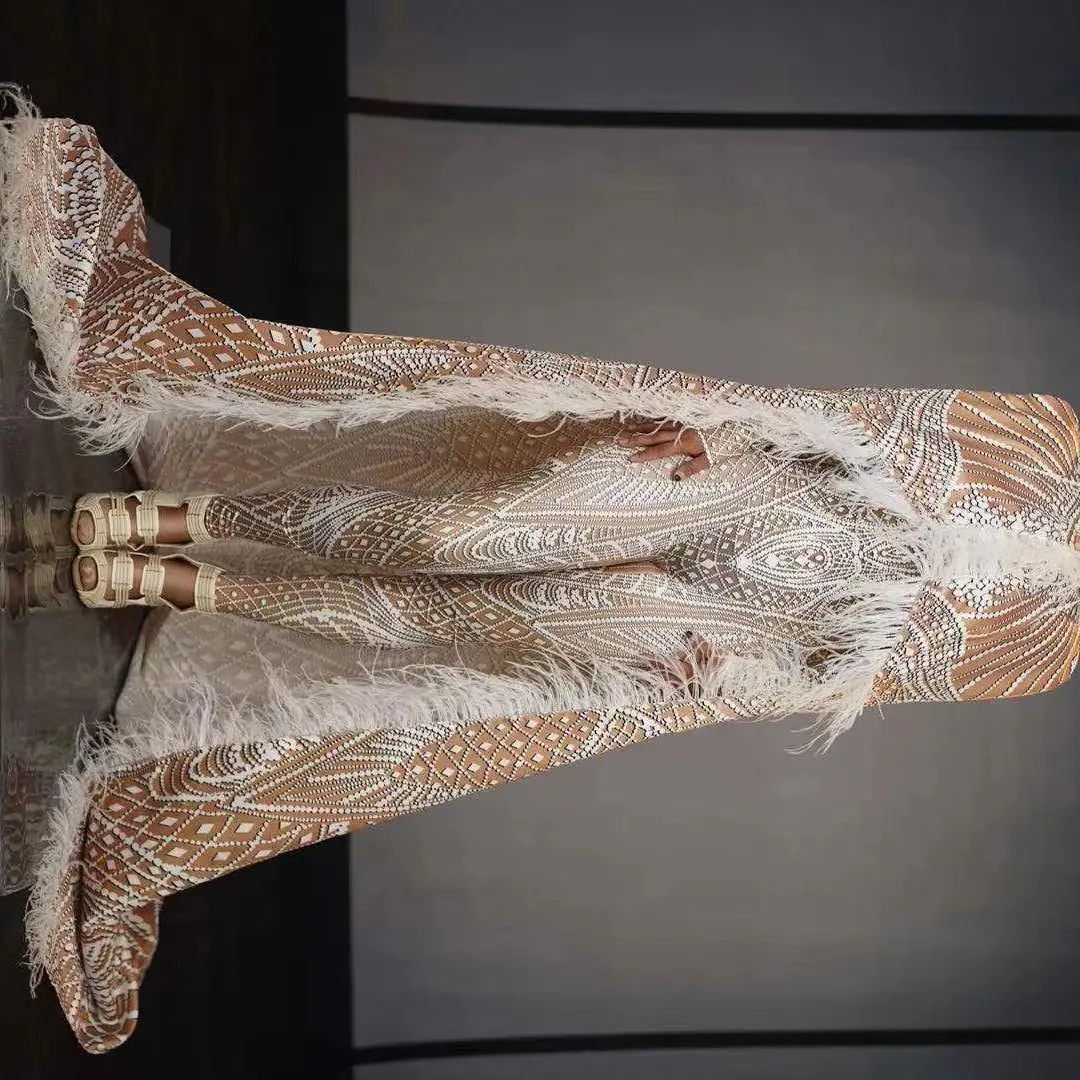 

Christmas outfit Stage Show Jumpsuit with Feather Long Cloak Performance Dance Costume Set Men Women new year show