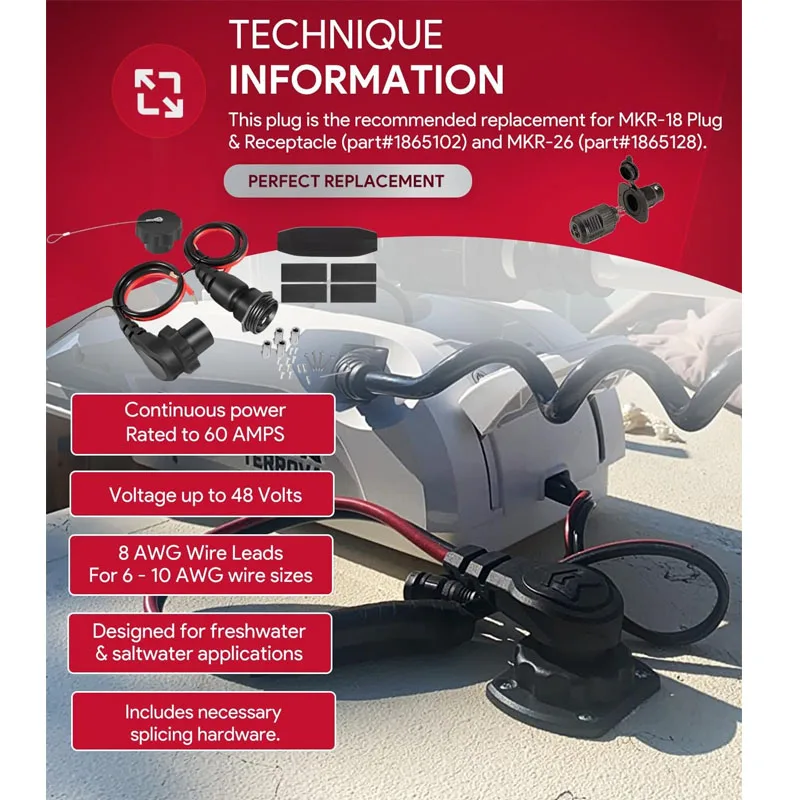 1865128 MKR-26 Minn Kota Freshwater and Saltwater Motor Plug and Receptacle Marine Battery Accessory, 8 AWG Wire Leads