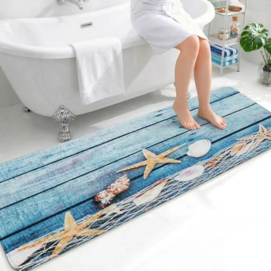 

Коврик для ванной комнаты с морским узором из ракушек, 24x71 дюйм, мягкий, впитывающий, нескользящий, из пены с эффектом памяти, длинный коврик для ванны, душа, кухонной раковины