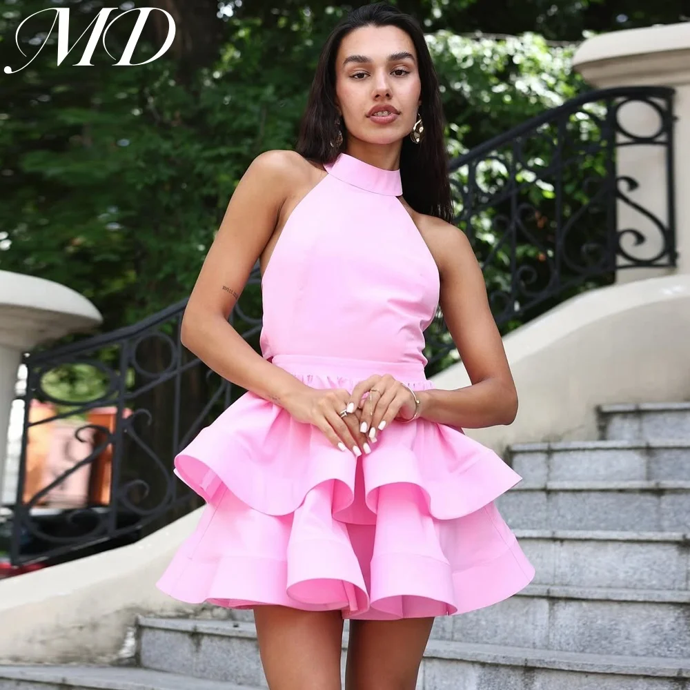 

MD New Modern Halter Satin Mini Prom Gown 2025 Sleeveless Tiered Pleat A-line robes de cocktail Birthday Dress Customized 2025