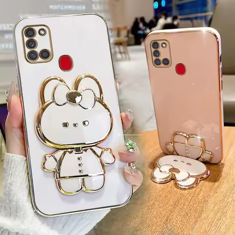 A 21S Makeup Mirror Cute Rabbit Phone Holder Case On For Samsung Galaxy A21S SamsungGalaxyA21S Girl Woman Used Back Cover