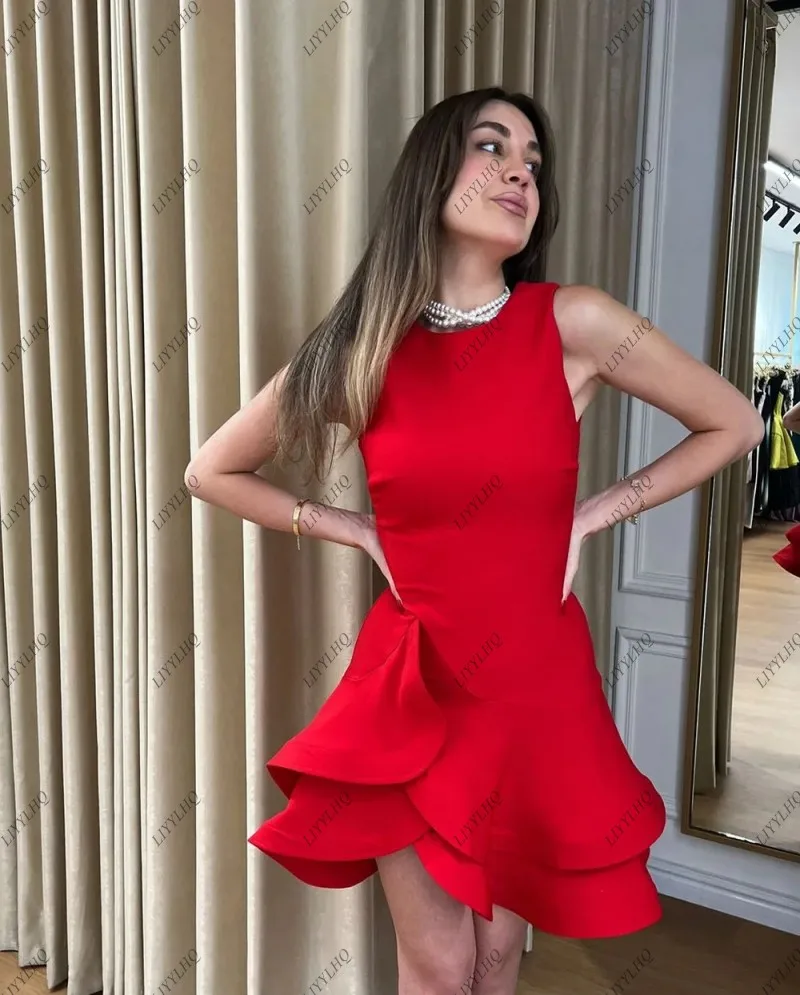 LIYYLHQ Simple Red Mini Cocktail Dress Popular O Neck Sleeveless Prom Gown Gala Short Tiered Graduation Dance Party Dress Women