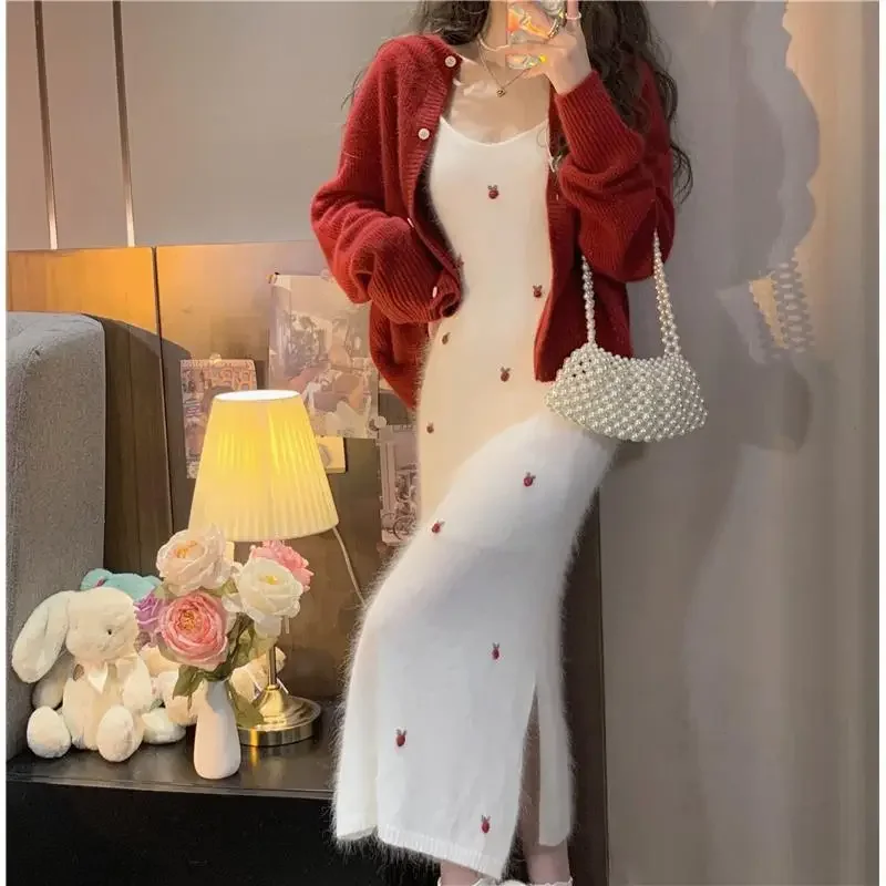 Korejpaa Sweet Strawberry Embroidery Knitted Sling Dress Women Korean Chic Clothing Gentle Long Sleeve Red Sweater Cardigan