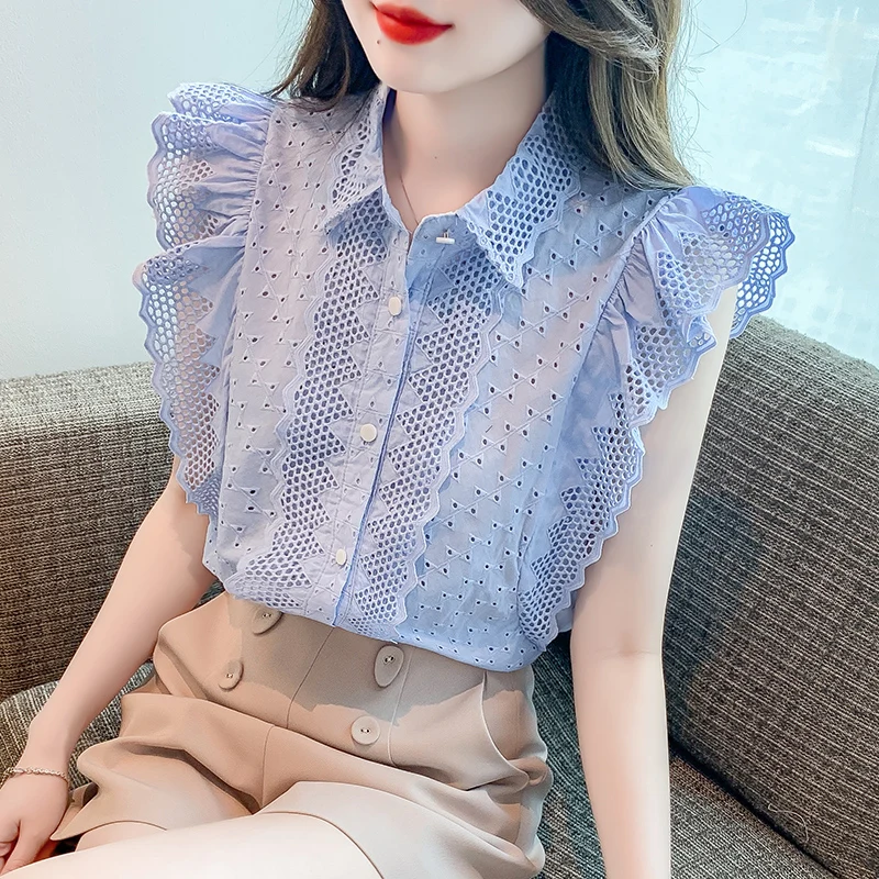 Elegant Fashion Flying Sleeve Blouses Women Korean Lace Hollow Out Blusas Mujer Summer Sleeveless Button Shirts Embroidery Tops