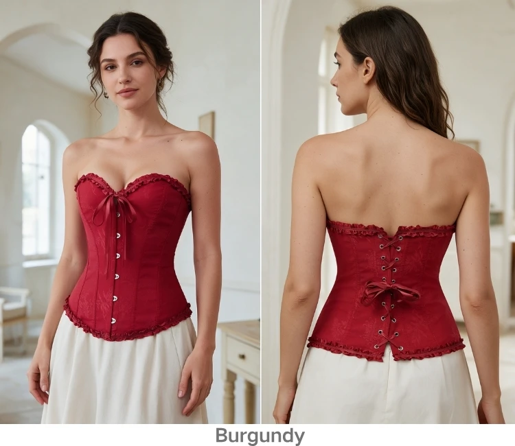 Damen Vintage Jacquard Korsett-Top, trägerlos, mit Rüschen vorne, Busk-Rücken, Schnürung, 20 Farben, für Feiertage, Partys und Abendgarderobe – Detail 21