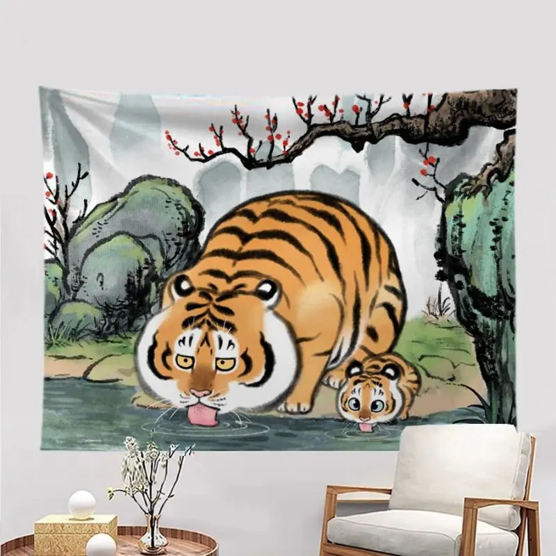 VIKAMA Black White Tiger Tapestry Wall Hanging Line Art Wild Animal Rose Moon Night Sketch Aesthetic Wall Art Bedroom Dorm Decor