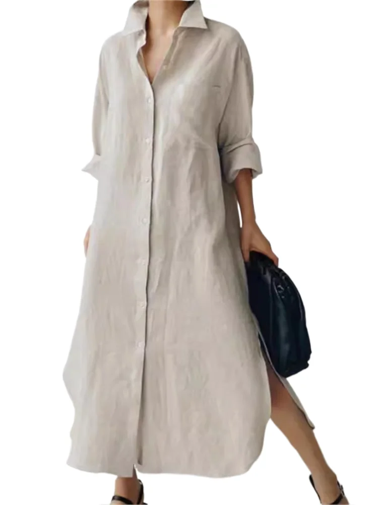 여성용 캐주얼 솔리드 셔츠 드레스, 패션 오피스룩, 긴팔 턴다운 칼라 버튼 루즈핏 드레스, 여성용 휴가복