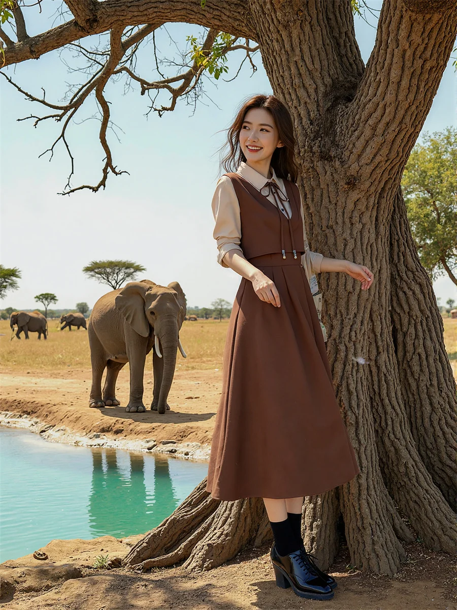 Vestidos femininos casuais e de dia estilo preppy cáqui meia panturrilha plissado à mão babados franzido smocking em camadas empilhados