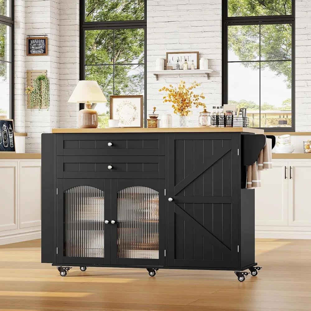 52 Inch Kitchen Island with Storage, Rolling Kitchen Cart on Wheels