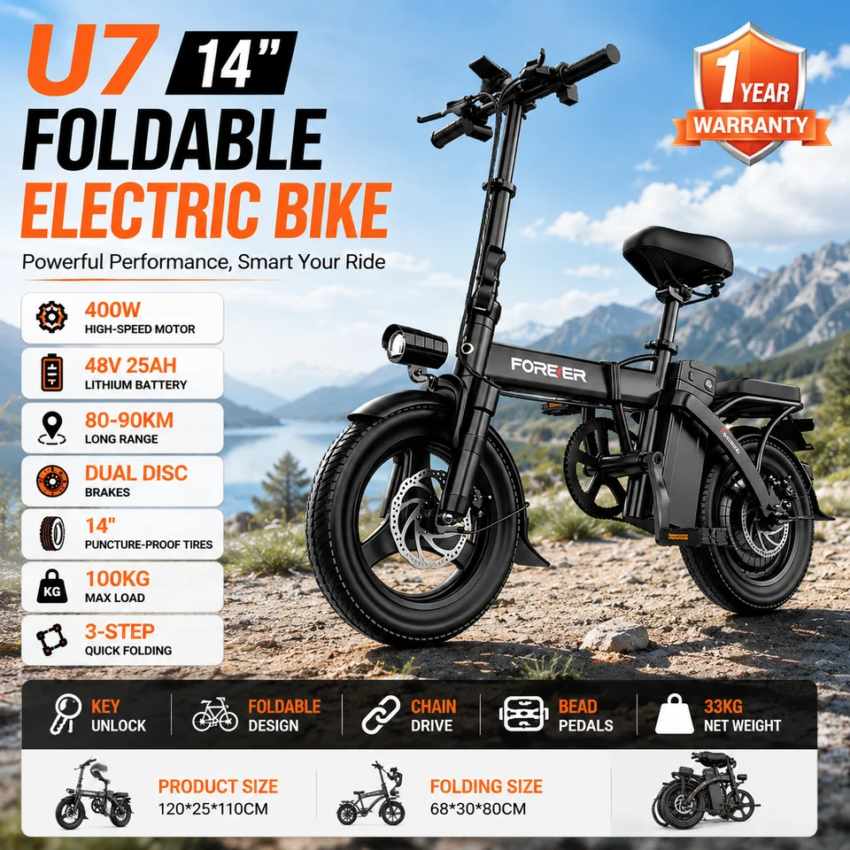 U7 Folding Electric Bicycle 48V 25Ah Battery  Electric Bike 400W Motor 14 Inch Puncture Proof Tires Adult Commuter E-Bike image 1