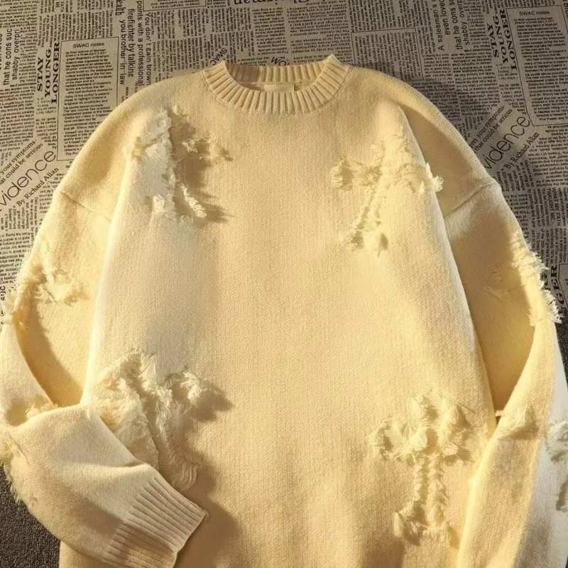 Autumn And Winter Ripped Sweater Men's Round Neck Pullover Fashionable High Street American Retro Japanese Cotton Youth Knitwear