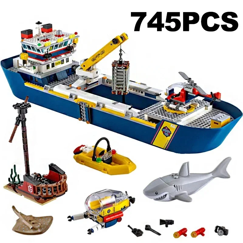 745pcs Urban Ocean Reconnaissance Ship Model Set 60026 Building Block Expedition Assembly Toys Children\'s Birthday Boys Gifts