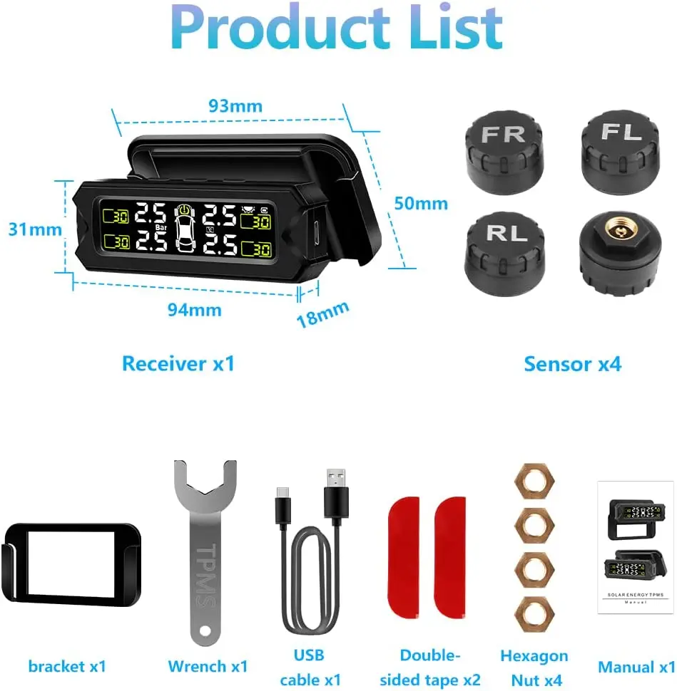 Detached Bracket Tire Pressure Monitoring System TPMS Wireless Sensor Kit Angle Adjustable Solar Power 14-87PSI Real Time Detect