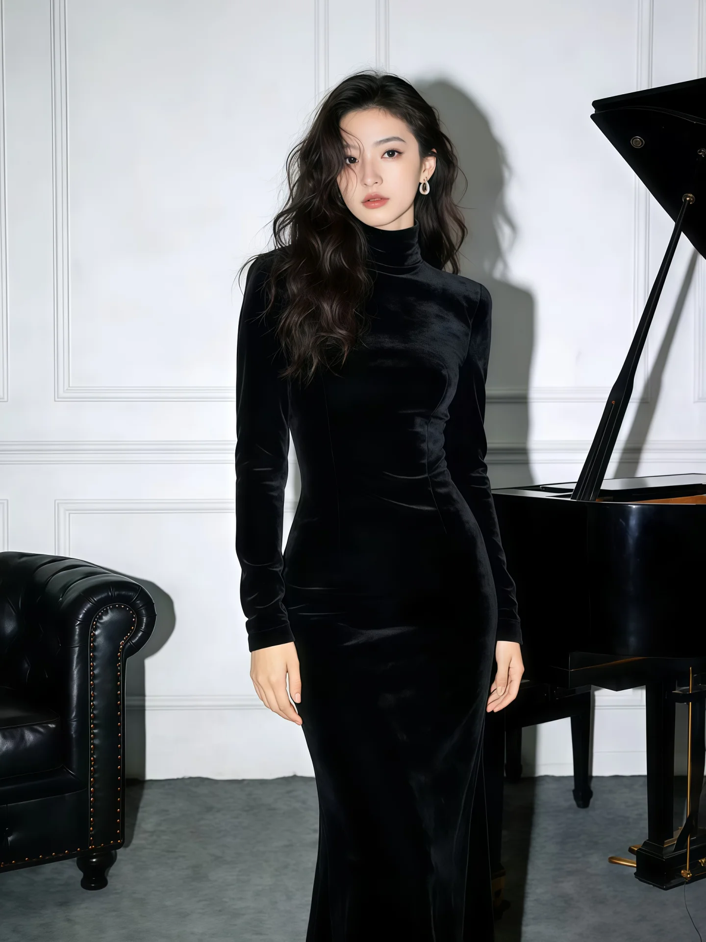 

Spring Autumn Hepburn Sle Long Sve Velvet Dr Women's Waist Cinching Evening Gown Ball Dr Faionable Ele