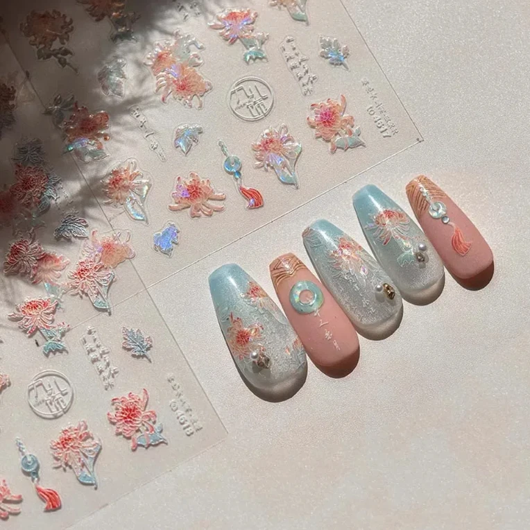 Autocollant 3D pour les ongles, motif fleur de pivoine, nouvel an chinois, décalcomanie avec nœud en perles