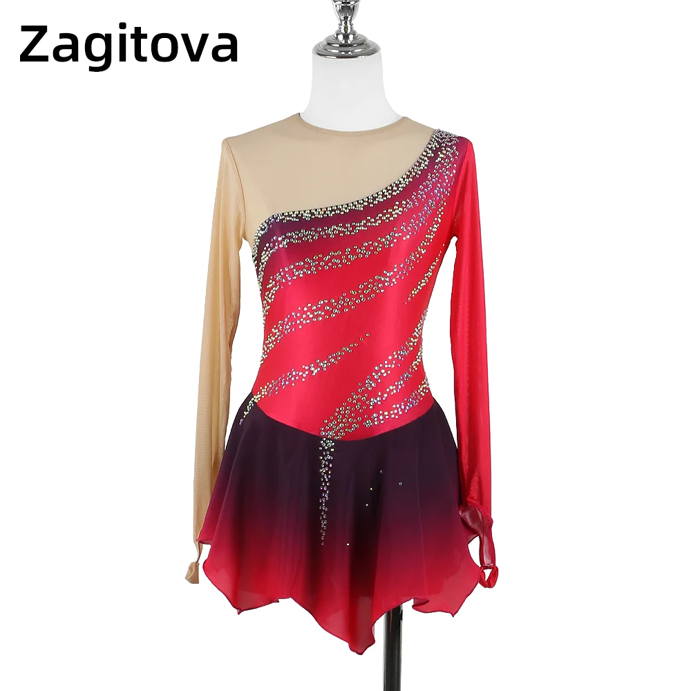 

Zagitova Figure Skating Dress For Women Girls Ice Skating Mesh Skirt Long Sleeve Black Red Gradient Diamonds