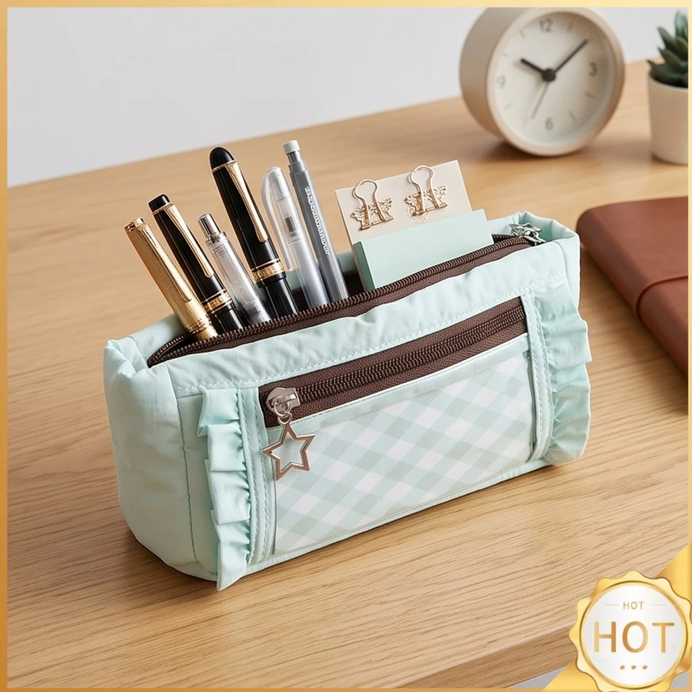 Cute Large Pencil Case with Clear PVC Window Lace Floral Trim Pen Bag for Students