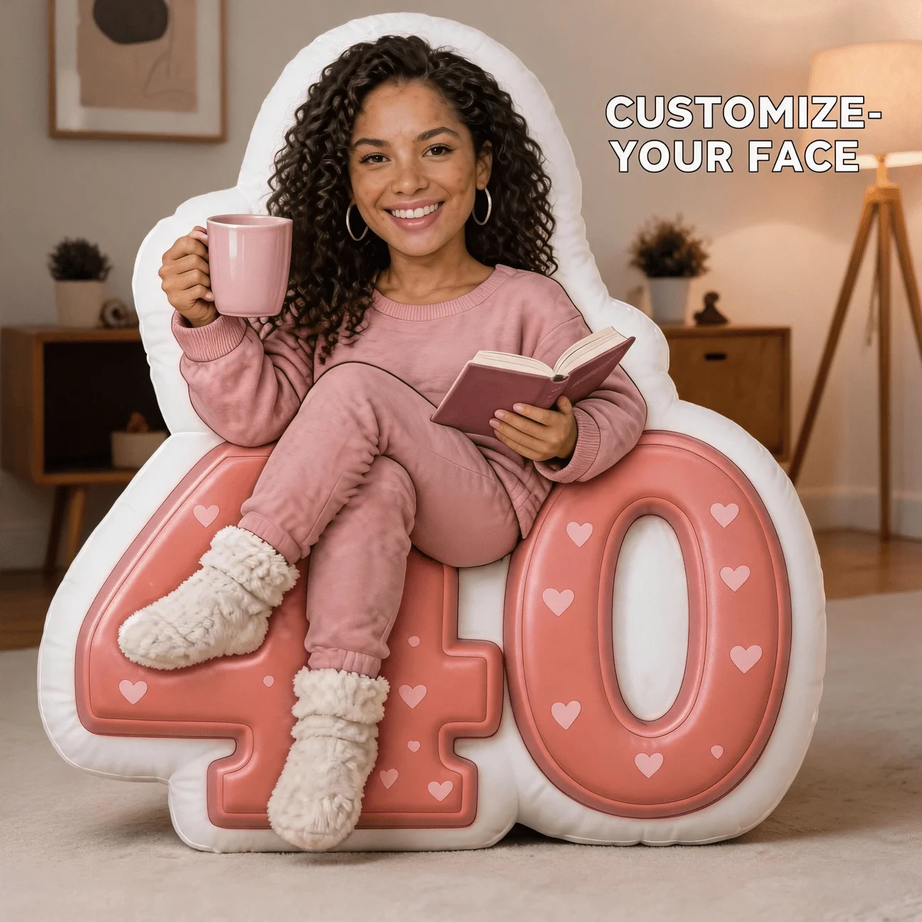 Custom Personalized Photo Face Pillow, Number 40 Shaped Decorative Cushion with Hearts Design, 60CM Large Size Accent Pillow for