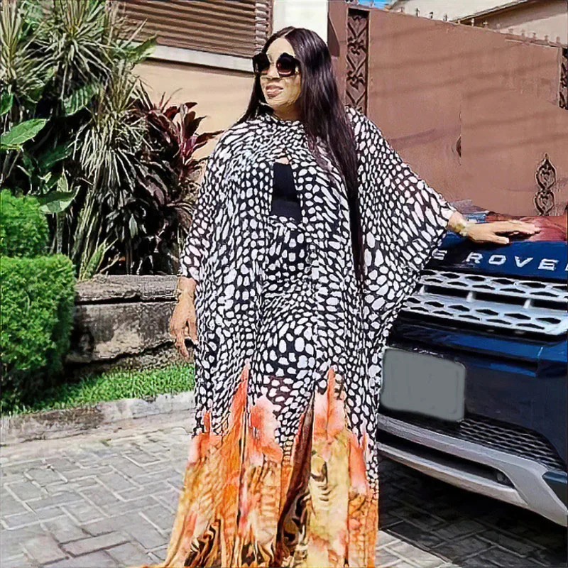 2 Piece Set African Dresses for Women Leoaprd Print Open Kimono Cardigan Pans Outifits Boubu Robe Abaya Trouser Suit Kaftan Gown